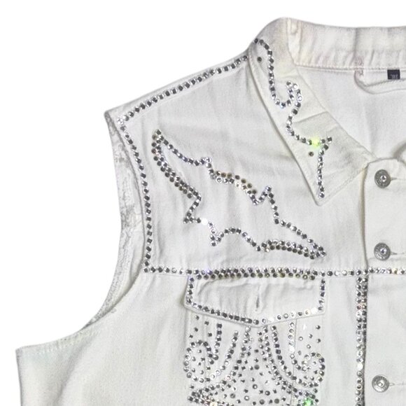 Beyoncé Cowboy Carter Inspired HM Distressed White Vest w/ Crystal Rhinestones - Picture 3 of 7